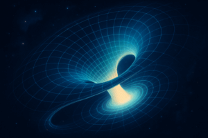 Ilustración artística de un agujero de gusano, representado como un túnel curvado en el espacio-tiempo que conecta dos regiones distantes del universo