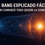 Ilustración del Big Bang mostrando la expansión del universo desde un punto brillante, con una cuadrícula que representa el espacio-tiempo en expansión