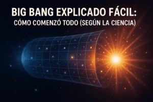 Ilustración del Big Bang mostrando la expansión del universo desde un punto brillante, con una cuadrícula que representa el espacio-tiempo en expansión
