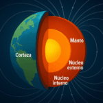 Corte transversal de la Tierra mostrando sus capas internas: corteza, manto, núcleo externo e interno, con líneas del campo magnético que protegen al planeta del viento solar