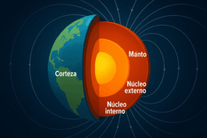 Corte transversal de la Tierra mostrando sus capas internas: corteza, manto, núcleo externo e interno, con líneas del campo magnético que protegen al planeta del viento solar