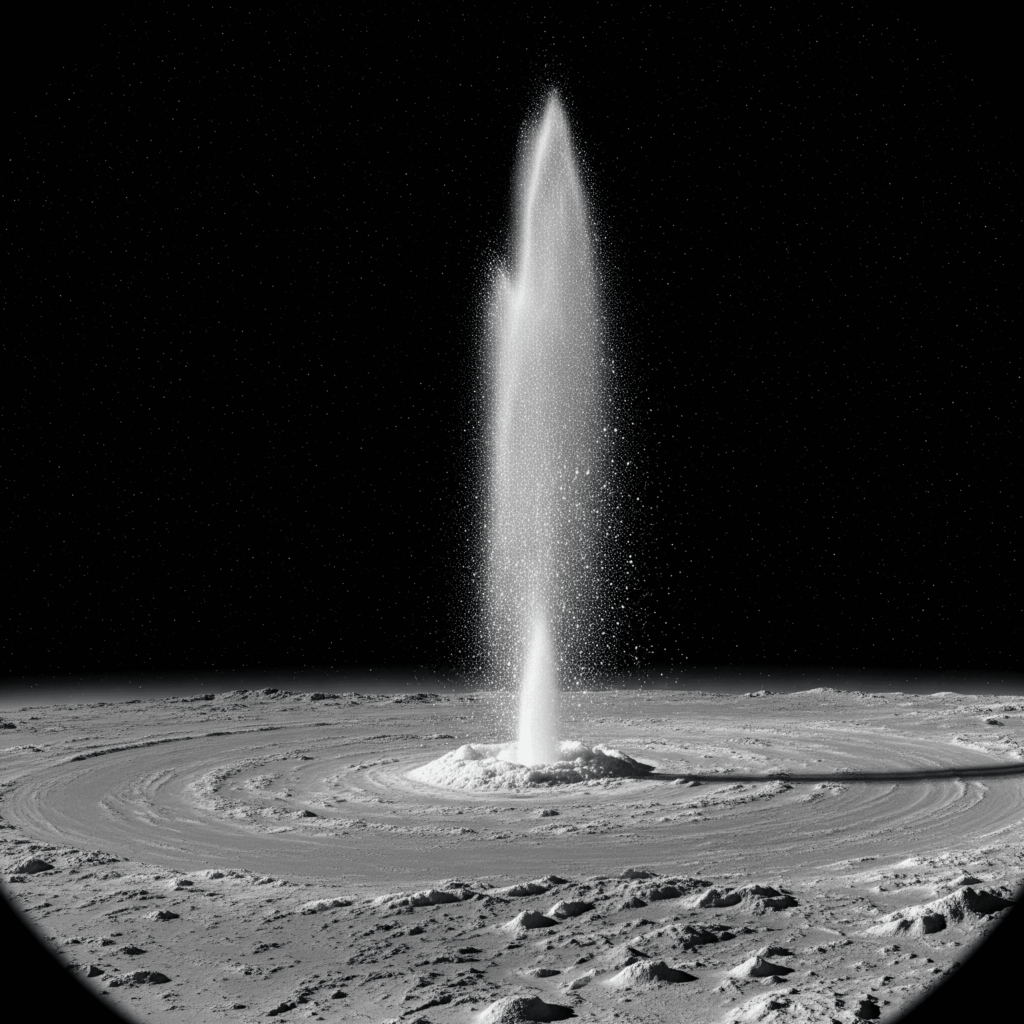Impresionante géiser de agua helada y partículas en la superficie de Encélado, la luna oceánica de Saturno, revelando su actividad geológica interna