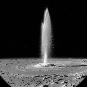 Impresionante géiser de agua helada y partículas en la superficie de Encélado, la luna oceánica de Saturno, revelando su actividad geológica interna
