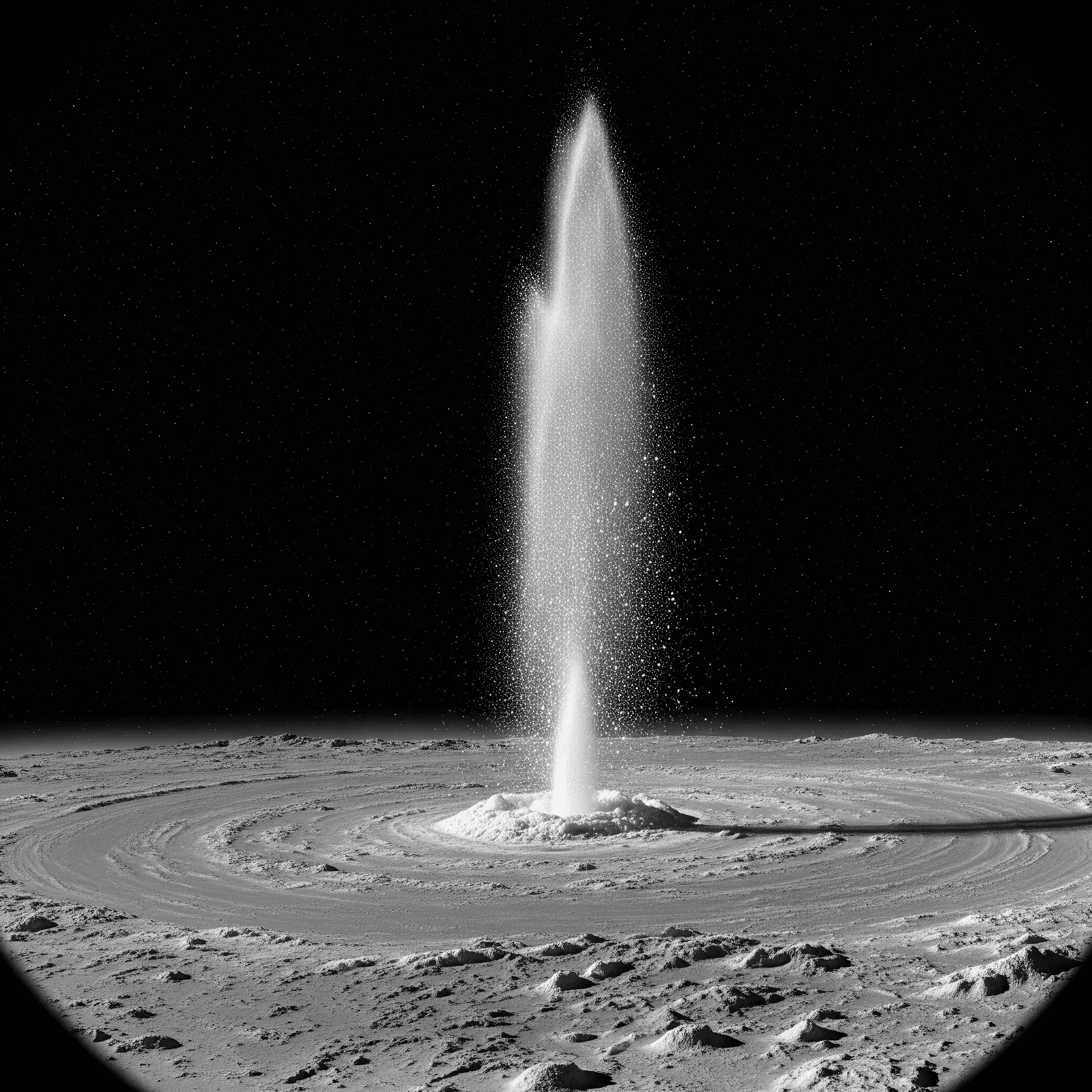 Impresionante géiser de agua helada y partículas en la superficie de Encélado, la luna oceánica de Saturno, revelando su actividad geológica interna