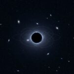 Una representación artística de la materia oscura. Se observa una gran masa oscura e invisible en el centro, distorsionando la luz de las galaxias que la rodean debido a su fuerte gravedad. Finas líneas curvas representan la influencia gravitacional de la materia oscura en el espacio circundante. El fondo está lleno de estrellas y galaxias distantes.