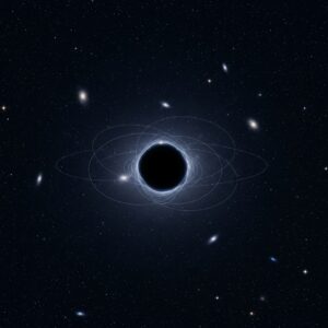 Una representación artística de la materia oscura. Se observa una gran masa oscura e invisible en el centro, distorsionando la luz de las galaxias que la rodean debido a su fuerte gravedad. Finas líneas curvas representan la influencia gravitacional de la materia oscura en el espacio circundante. El fondo está lleno de estrellas y galaxias distantes.