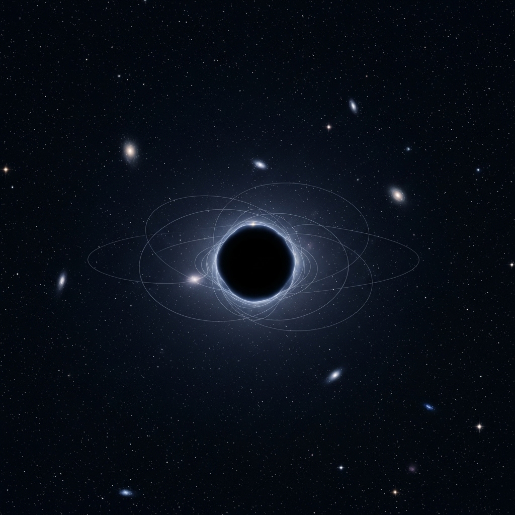 Una representación artística de la materia oscura. Se observa una gran masa oscura e invisible en el centro, distorsionando la luz de las galaxias que la rodean debido a su fuerte gravedad. Finas líneas curvas representan la influencia gravitacional de la materia oscura en el espacio circundante. El fondo está lleno de estrellas y galaxias distantes.