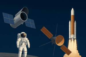 Ilustración de las principales misiones espaciales del futuro: telescopios avanzados, astronautas lunares, sondas interplanetarias y lanzamientos espaciales que cambiarán nuestra visión del universo