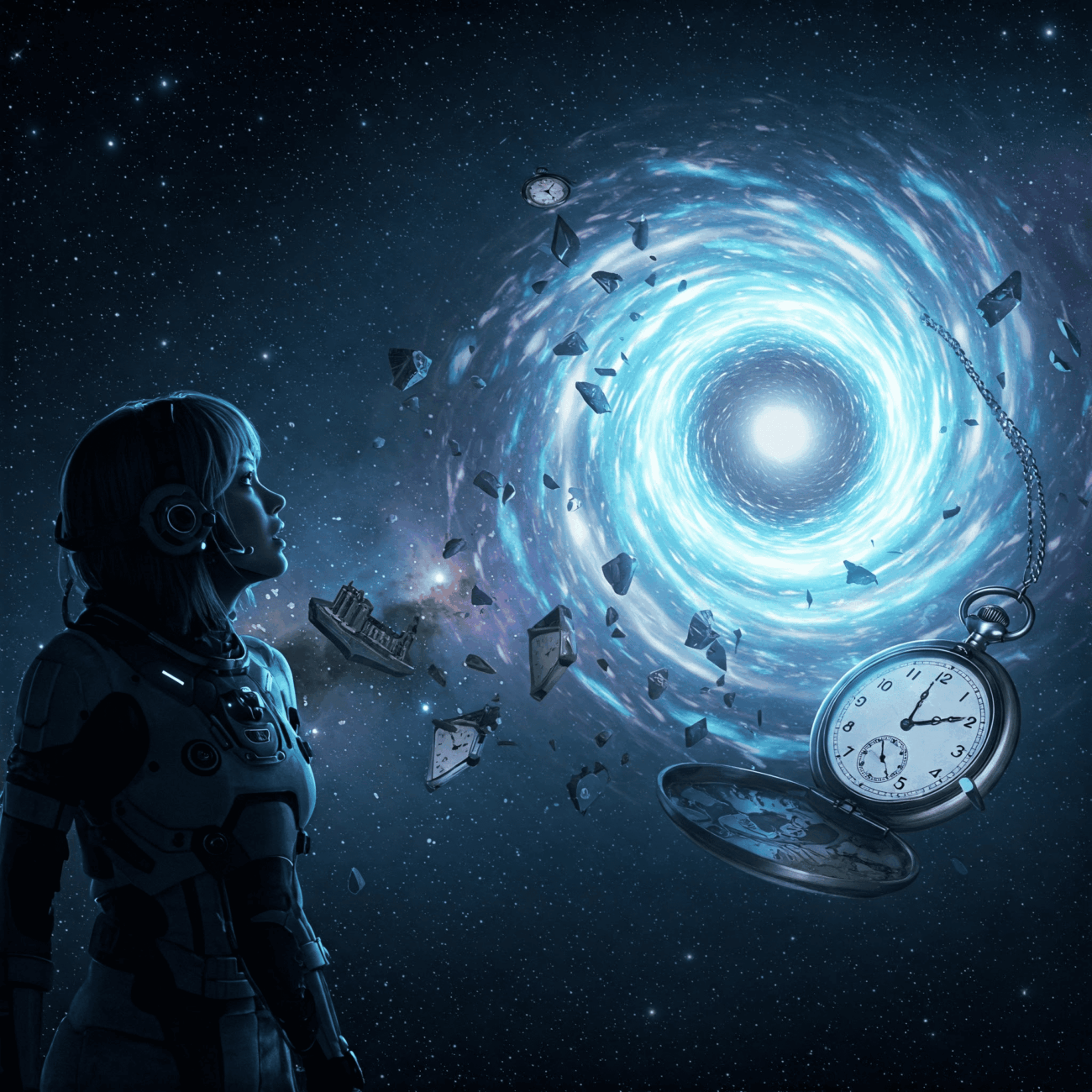 Persona con traje futurista frente a un vórtice temporal en el espacio, ilustrando el concepto de viaje en el tiempo.
