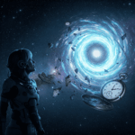 Persona con traje futurista frente a un vórtice temporal en el espacio, ilustrando el concepto de viaje en el tiempo.