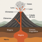Partes de un volcán: representación esquemática que muestra la estructura interna y externa, como la cámara magmática, chimenea, lava, gases y coladas