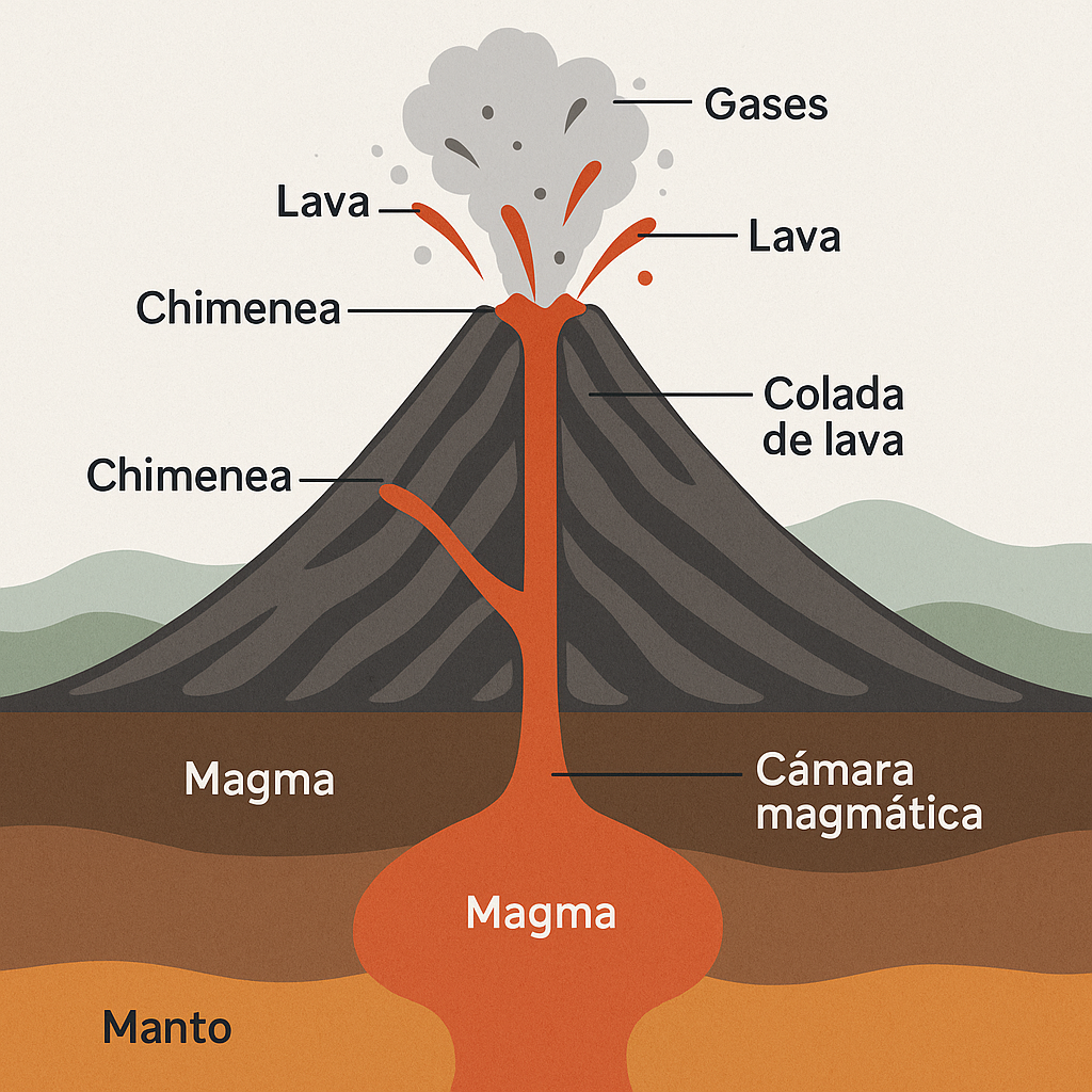 Partes de un volcán: representación esquemática que muestra la estructura interna y externa, como la cámara magmática, chimenea, lava, gases y coladas