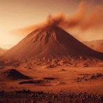 Una majestuosa recreación de un volcán marciano, destacando su imponente escala y el característico terreno desértico del planeta rojo. Estas estructuras volcánicas son evidencia de la pasada actividad geológica de Marte, ofreciendo pistas sobre su evolución y su potencial para albergar vida en el pasado