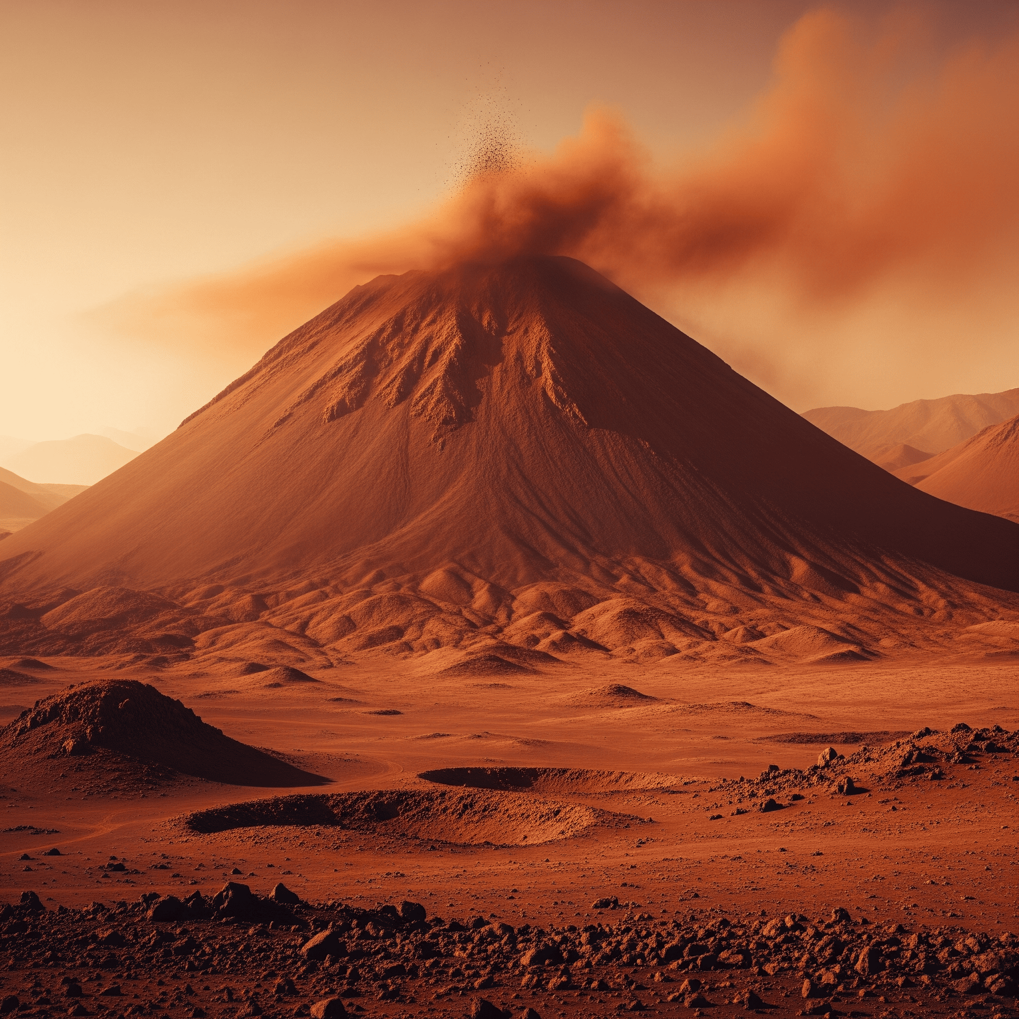 Una majestuosa recreación de un volcán marciano, destacando su imponente escala y el característico terreno desértico del planeta rojo. Estas estructuras volcánicas son evidencia de la pasada actividad geológica de Marte, ofreciendo pistas sobre su evolución y su potencial para albergar vida en el pasado