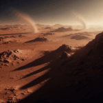 Superficie de Marte con cráteres y tonos rojizos al atardecer, destacando los datos curiosos sobre el Planeta Rojo.