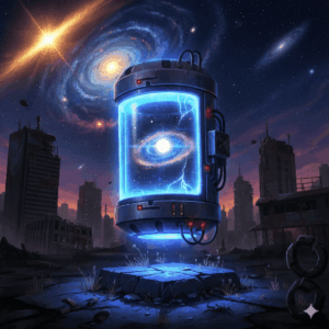 Ilustración de un núcleo de fusión fría de Fallout brillando con energía azul en un entorno postapocalíptico con galaxias al fondo.