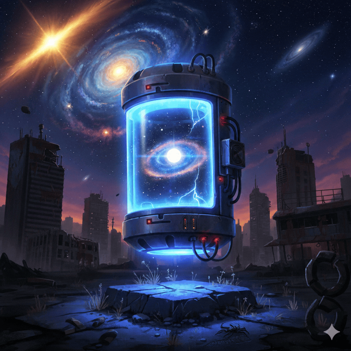 Ilustración de un núcleo de fusión fría de Fallout brillando con energía azul en un entorno postapocalíptico con galaxias al fondo.