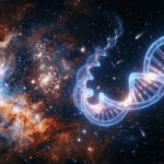 Una cadena de ADN humana brillante flotando en el espacio profundo con estrellas y una nebulosa colorida de fondo.