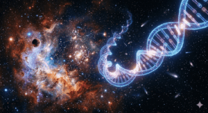 Una cadena de ADN humana brillante flotando en el espacio profundo con estrellas y una nebulosa colorida de fondo.